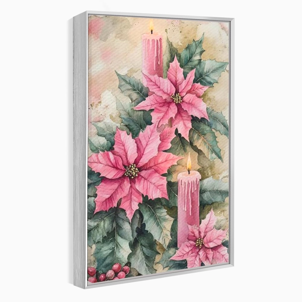 Tablou canvas cu tablou cu lumanari si flori poinsettia, in rama de aluminiu argintiu